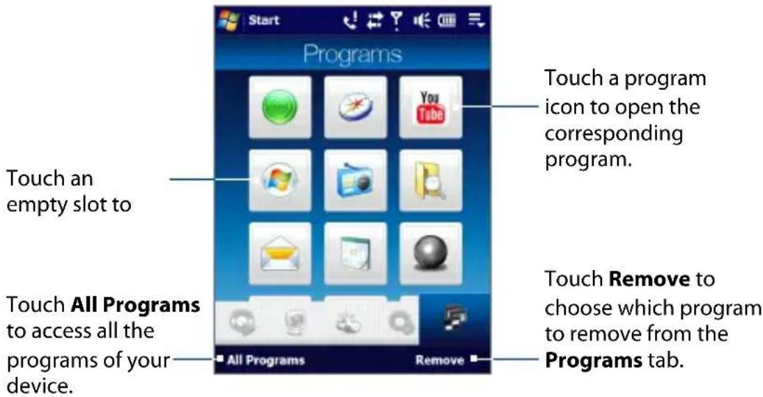 Start Programs Touch an empty slot to Touch All Programs to access all the programs of your device. All Programs Remove Touch a program icon to open the corresponding program. Touch Remove to choose which program to remove from the Programs tab.