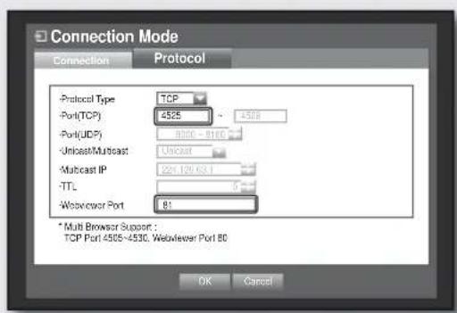 Connection Mode Connection Protocol Protocol Type TCP Port(TCP) 4525 4528 Port(UDP) 8000 8100 Unicast/Mutcast Unicast Subcast IP 224.129.63.1 TTL Webserver Port 81 * Multi Browser Support : TCP Port 4505-4530, Webserver Port 80 OK Cancel