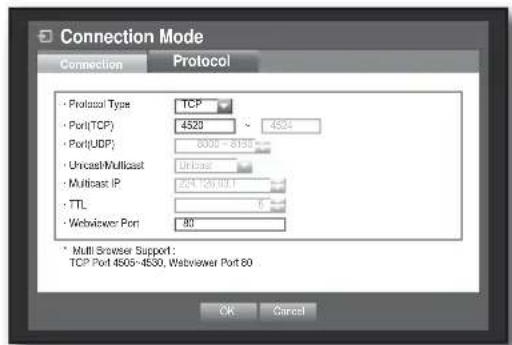 Connection Mode Connection Protocol • Protocol Type TCP • Port(TCP) 4520 4520 • Port(UDP) 8000~8500 • Unicast/Multicast Unicast • Multicast IP 264.126.001 • TTL • Webviewer Port 80 * Multi Browser Support: TCP Port 4505-4530, Webviewer Port 80 OK Cancel