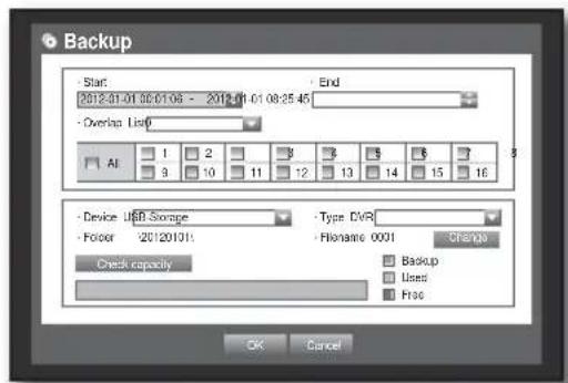 Backup Start 2012-01-01 30:01:06 - 2014/01-01 08:25:45 Overlap List AI 1 2 3 4 5 6 7 9 10 11 12 13 14 15 16 Device USB Storage Type DVR Fooler 20120101 Flonains 0001 Change Check capacity Backup Uses Free OK Cancel