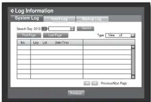 Log Information System Log Event Log Backup Log Search Day 2012 Search Search First Page Last Page Type View .all No. Log Let Data/Time Previous/Next Page Previous