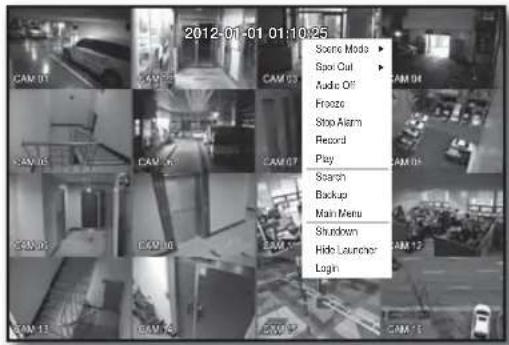 2012-01-01 01:10:25 CAM 01 CAM 02 CAM 03 CAM 04 CAM 05 CAM 06 CAM 07 CAM 08 CAM 09 CAM 10 CAM 11 CAM 12 CAM 13 CAM 14 Sound Mode ▶ Spot Out ▶ Audio Off Freeze Stop Alarm Record Play Search Backup Main Menu Shutdown Hide Launcher Login
