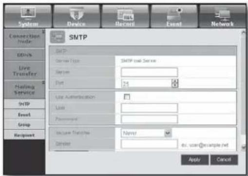 System Device Record Event Network Connection Mode SMTP Server Type: SMTP and Server Server Port: 24 Use Authentication: User Password: Instance Transfer: Name: dsc. user@csample.net Apply Cancel