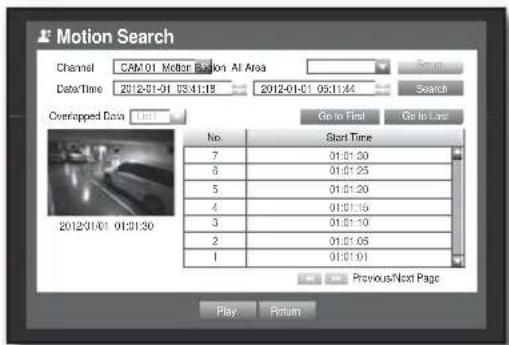 Motion Search Channel CAM:01 Motor Station AI Area Data Time 2012-01-01 03:41:18 2012-01-01 09:11:44 Overlapped Data Go to First Go to Last No. Start Time 7 01:01:30 6 01:01:25 5 01:01:20 4 01:01:15 3 01:01:10 2 01:01:05 1 01:01:01 2012/01/01 01:31:30 Previous/Next Page Play Return
