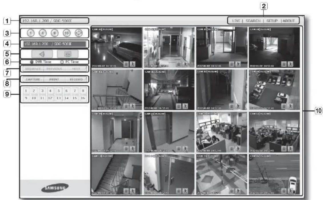 192.168.1.200 / GDE-500X LIVE | SEARCH | SETUP | ABOUT 1 4 9 16 3 4 5 6 7 8 9 1 2 3 4 5 6 7 8 9 10 11 12 13 14 15 16 10 SAMSUNG