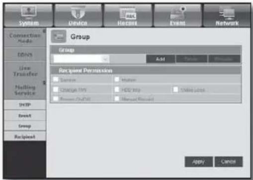 System Device Record Event Network Connection Node Edits Line Transfer Nelling Service SNIP Event Group Recipient Group Group Add Remove Recipient Permission Custom Custom Custom (M) HCC (M) Online (M) Person (M) Manual Required ADD Cancel