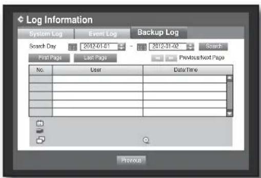 Log Information System Log Event Log Backup Log Search Day 2012-01-01 2012-01-02 Search First Page Last Page Previous/Next Page No. User Data/Time Previous