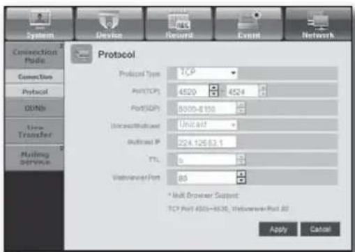 System Device Record Event Network Connection Mode Connection Protocol DINs Line Transfer Routing Service Protocol Protocol Type TCP Port (TCP) 4520 4524 Port (TCP) 8000-8156 Unconfined Port Unit: 687 Outflow IP 224.126.83.1 TTL 6 Webserver Port 80 * Multi-Drowser Support TCP Port 4520=4526, Webserver Port 80 Apply Cancel