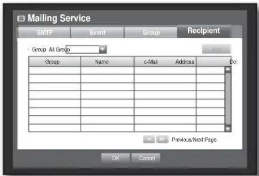 Mailing Service SMTP Event Group Recipient - Group All Group Group Name e-Mail Address Do Previous Next Page OK Cancel