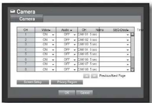 Camera Camera CH Video Audio CH Name SEO-Data Time 1 CN OFF CAM 01 5 sec 2 CN OFF CAM 02 5 sec 3 CN OFF CAM 03 5 sec 4 CN OFF CAM 04 5 sec 5 CN OFF CAM 05 5 sec 6 CN OFF CAM 06 5 sec 7 CN OFF CAM 07 5 sec 8 CN OFF CAM 08 5 sec Previous Next Page Screen Setup Privacy Region OK Cancel