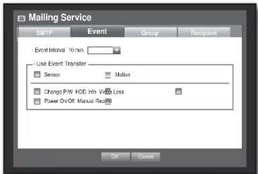 Malling Service SMTP Event Group Recipient - Event Interval 10 min - Use Event Transfer Sensor Motion Change P/W HDD Info Video Loss Power On/Off Manual Read OK Cancel