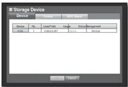 Storage Device Device Format HDD Alarm Device No. Used/Total Usage Status Management HQC 1 3.95G/0.95T Normal Normal OK Cancel
