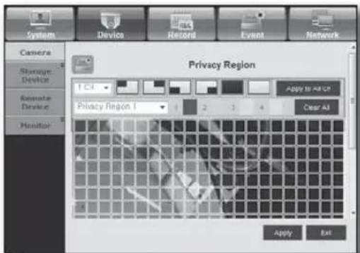 System Device Record Event Network Camera Storage Device Compute Device Handler Privacy Region 1 CI Apply to All CP Privacy Region 1 1 2 3 4 Clear All Apply Exit