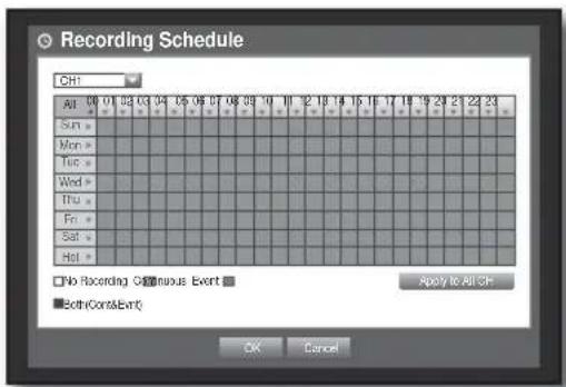 Recording Schedule CDH: All 00 01 02 03 04 05 06 07 08 09 10 11 12 13 14 15 16 17 18 19 20 21 22 23 Sun = Mon = Thu = Wed = Thu = Fri = Sat = Hot = No Recording Continuous Event Apply to All Off Both(Cont&Event) OK Cancel