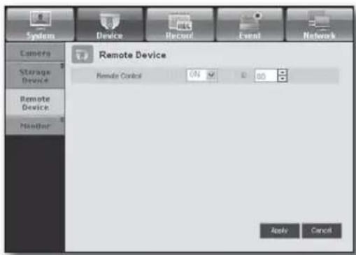 System Device Record Event Network Camera Storage Device Remote Device Remote Device Remote Control OK 80 Apply Cancel