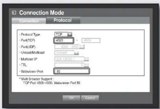 Connection Mode Connection Protocol • Protocol Type TCP • Port(TCP) 4520 4520 • Port(UDP) 6300 6180 • Unicast/Multast Unicast • Multicast IP $24,126.63.1 • TTL 5 • Webserver Port 80 * Multi Browser Support : TCP Port 4505-4530. Webserver Port 80 OK Cancel