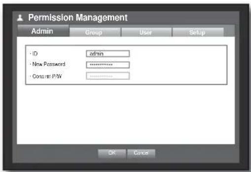 Permission Management Admin Group User Setup • ID admin • New Password ****** • Content P/W ****** OK Cancel