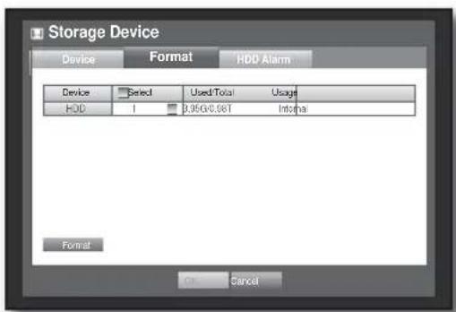 Storage Device Device Format HDD Alarm Device Select Used/Total Usage HDD 1 3.95x60.061 Internal Format OK Cancel