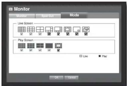 Monitor Monitor Spot Out Mode Live Screen Play Screen Live Play OK Cancel