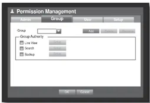 Permission Management Admin Group User Setup -Group Add Delete Demere -Group Authority Live View Satup Search Satup Backup Satup OK Cancel