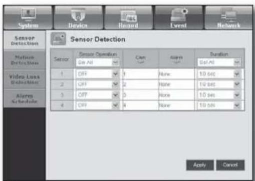 Sensor Detection Sensor Operation Can Alarm Duration Set All 1 OFF 1 None 10.045 2 OFF 2 None 10.045 3 OFF 3 None 10.045 4 OFF 4 None 10.045 Apply Cancel