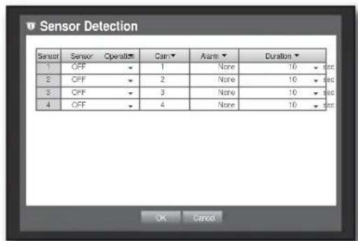 Sensor Detection Sensor Operation Cam Alarm Duration 1 OFF 1 None 10 sec 2 OFF 2 None 10 sec 3 OFF 3 None 10 sec 4 OFF 4 None 10 sec OK Cancel