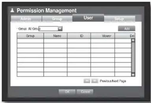 Permission Management Admin Group User Satup Group All Group Add Group Name ID Viewer Dol Previous Next Page OK Cancel