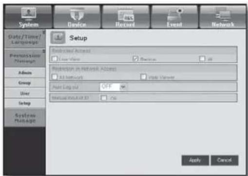 System Device Record Event Network Date/Time/ Language Prenting Through Admin Group User Setup System Manage Setup Restricted Access Open Window Switches All Network Video Vendors Print Log 50 OFF Printed Output 50 OK Apply Cancel