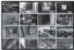 Grid of surveillance camera feeds with Chinese labels, showing various room views and equipment