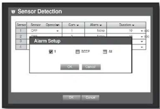 Sensor Detection Sensor Sensor Operation Com Alarm Duration 1 OFF 1 None 10 800 2 Off 1 None 10 800 3 4 Alarm Setup ✓ 1 BEEP All OK Cancel OK Cancel