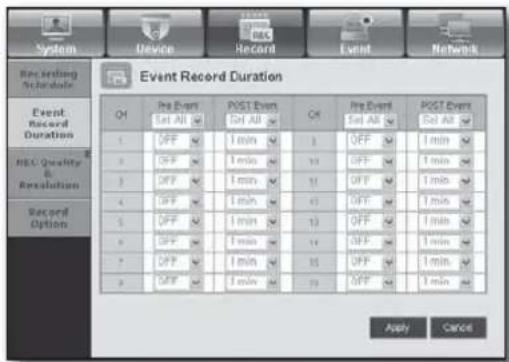 System Device Record Event Network Recording Schedule Event Record Duration O4 Pre Event Set All POST Event Set All O4 Pre Event Set All POST Event Set All 1 OFF 1 min 11 OFF 1 min 3 OFF 1 min 10 OFF 1 min 4 OFF 1 min 11 OFF 1 min 5 OFF 1 min 10 OFF 1 min 6 OFF 1 min 11 OFF 1 min 7 OFF 1 min 12 OFF 1 min 9 OFF 1 min Apply Cancel