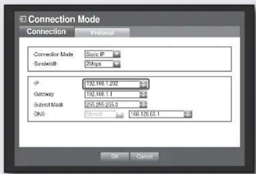 Connection Mode Connection Protocol Connection Mode Satic IP Bandwidth 2Mbps IP 192.168.1.202 Gateway 192.168.1.1 Submit Mask 255.255.255.3 DNS Annual 168.126.63.1 OK Cancel