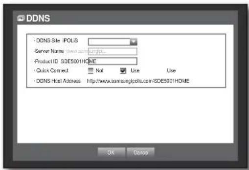 DDNS - DDNS Site - IPOLIS - Server Name: www.samsungipols.com - Product ID: SDE5001HOME - Quick Correct: Not Use Use - DDNS Host Address: http://www.samsungipols.com/SDE5001HOME OK Cancel