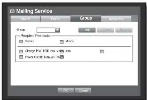 Mailing Service SMTP Event Group Recipient Group Add Delete Change -- Recipient Permission Sensor Motion Change P/W HDD Info Video Loss Power On/Off Manual Record OK Cancel