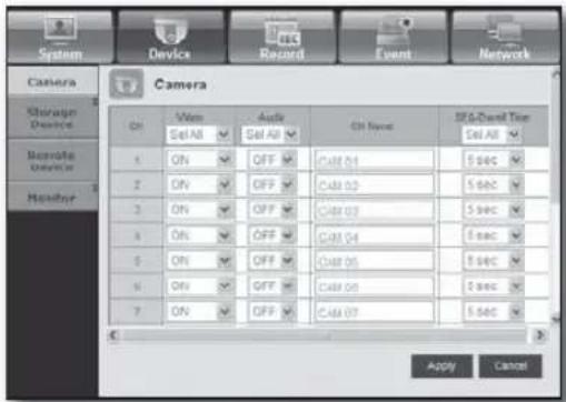 Camera System Device Record Event Network Camera Storage Devices Remote Device Monitor On View Audio Off Name OFF All Set All 1 ON OFF CAM 04 2 ON OFF CAM 03 3 ON OFF CAM 03 4 ON OFF CAM 04 5 ON OFF CAM 05 6 ON OFF CAM 06 7 ON OFF CAM 07 Apply Cancel