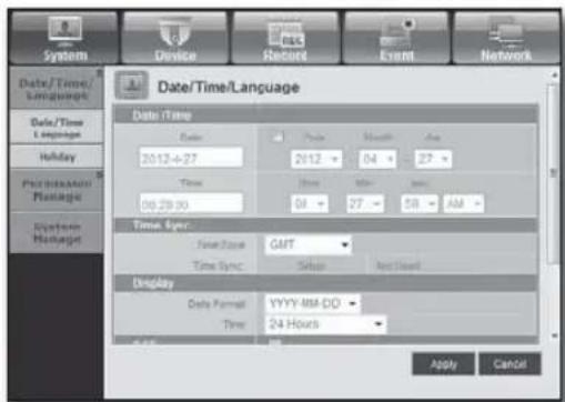 System Device Record Event Network Date/Time/Language Date Time Date 2012-27 2012 04 27 Time 09:29:30 04 27 58 AM Time Sync: Time Sync: GMT Time Sync: Setup App Used Display Date Format: YYYY-MM-DD Time: 24 Hours Apply Cancel