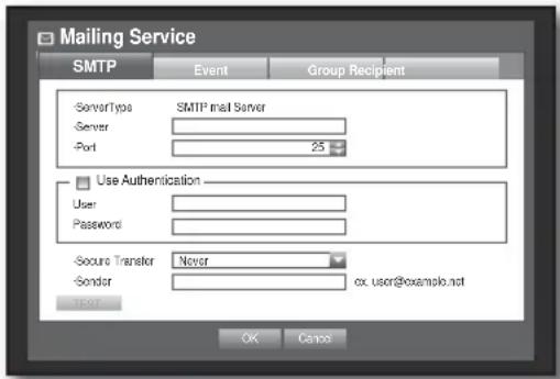 Mailing Service SMTP Event Group Recipient ServerType SMTP mail Server Server Port 25 Use Authentication User Password Secure Transfer Never Sendor ox.user@example.net OK Cancel