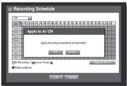 Recording Schedule CH1 All 00 01 02 03 04 05 06 07 08 09 10 11 12 13 14 15 16 17 18 19 20 21 22 23 Sun Mon Tue Wed Thu Fri Sat Tel Apply to All CH Apply recording schedule to all channels? OK Cancel No Recording Continuous Event Both(Cons&Fert) Apply to All CH OK Cancel