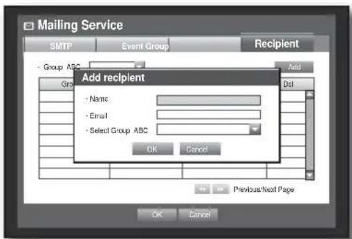 Mailing Service SMTP Event Group Recipient Group ABC Add Group Name Add Group Email Select Group ABC Dot OK Cancel Previous Next Page OK Cancel