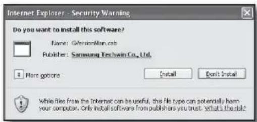 Internet Explorer - Security Warning Do you want to install this software? Name: GVersionMan.cab Publisher: Samsung Techwin Co., Ltd. More options Install Don't Install While files from the Internet can be useful, this file type can potentially harm your computer. Only install software from publishers you trust. What's the risk?