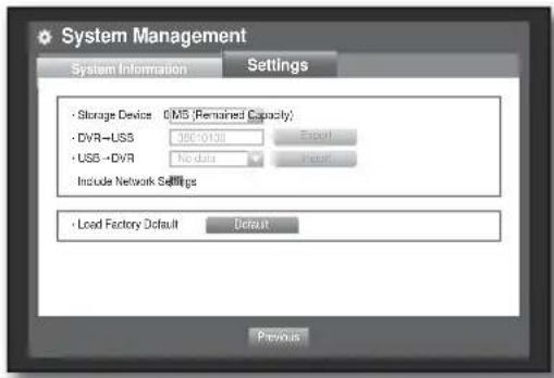 System Management System Information Settings Storage Device VM3 (Remained Capacity) DVR-US 300-0138 Export USB -DVR No data Export Include Network Settings Load Factory Default Default Previous