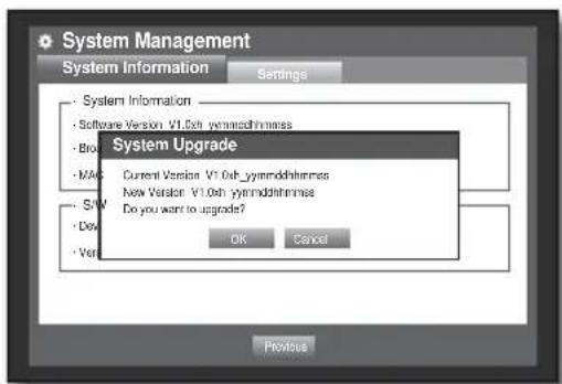 System Management System Information Settings System Information - Software Version V1.0ch_ymnmdhhmmes - Bro - M/AC - S/W - Dev - Ver System Upgrade Current Version V1.0ch_ymnmdhhmmes New Version V1.0ch_ymnmdhhmmes Do you want to upgrade? OK Cancel Previous