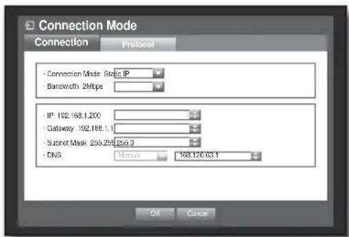Connection Mode Connection Protocol - Connection Mode State IP - Bandwidth 2Mtpa IP 192.168.1.200 - Gateway 192.168.1.1 - Sunset Mask 256.254.256.3 - DNS Marius 169.126.03.1 OK Cancel