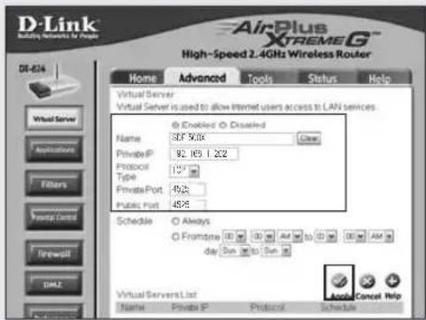 D-Link AirPlus XTMEG High-Speed 2.4GHz Wireless Router DR-634 Home Advanced Tools Status Help Virtual Server Virtual Server is used to allow Internet users access to LAN services. ● Enabled ● Drasied Name 307 100X Close Private IP 92.165 1.202 Protocol 157 Type Private Port 692 Public Port 4826 Schedule ○ Always ○ Fromstone 00 00 AM to 00 AM day Sun to Sun Virtual Servers List Name Private IP Protocol Schedule Audio Cancel Help