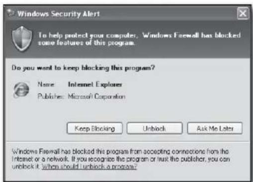 Windows Security Alert To help protect your computer. Windows Firewall has blocked some features of this program. Do you want to keep blocking this program? Name: Internet Explorer Publisher: Microsoft Corporation Keep Blocking Unlock Ask Me Later Windows Firewall has blocked this program from accepting connections from the Internet or a network. If you recognize the program or trust the publisher, you can unlock it. When should I unlock a program?