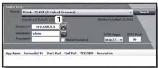 Router Info Router: D-Link - DI-634 (D-Link v4 fromware) Router not listed? (1) Router Loadset: [2.161] Router IP: 192.168.0.1 Username: admin Password: Show Password: HTTP Types: HTTP Port: http:// App Name Forwarded To Start Port End Port TCP/UDP Description