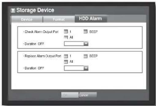 Storage Device Device Format HDD Alarm • Check Alarm Output Port 1 BEEP AI • Duration OFF • Replace Alarm Output Port 1 BEEP AI • Duration OFF OK Cancel