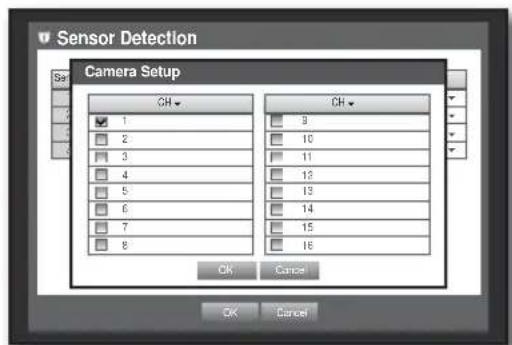 Sensor Detection Camera Setup CH 1 2 3 4 5 6 7 8 CH 9 10 11 12 13 14 15 16 OK Cancel OK Cancel