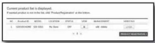 Current product list is displayed. If wanted product is not in the list, click 'ProductRegistration' at the bottom. NC Product ID MODS LOCATION STATUS VIEW MANAGEMENT VOLUME 1 SEDDERHOME SDB-503 No Store OFF & add -Delete < img> × 1 × PRODUCT REGISTRATION +