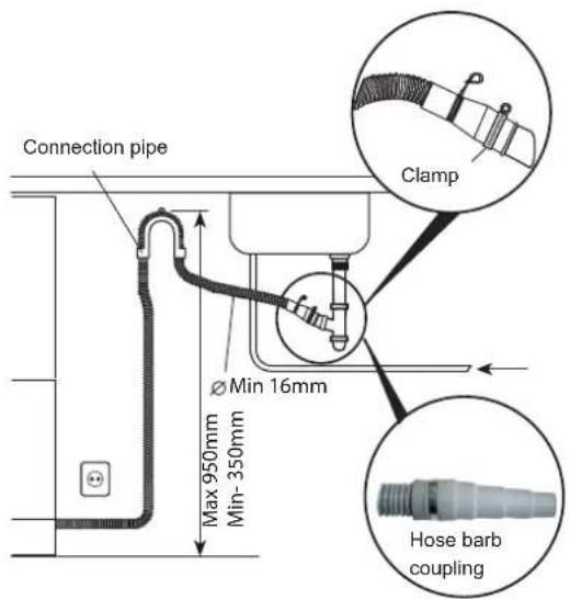 Connection pipe Max 950mm Min-350mm Ø Min 16mm Clamp Hose barb coupling
